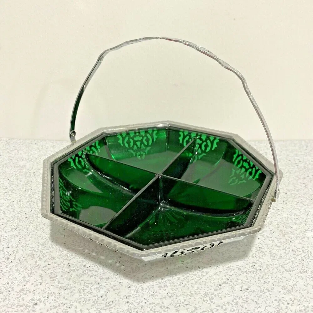 Vintage candy dish ornate pierced chrome basket retro green glass section dish